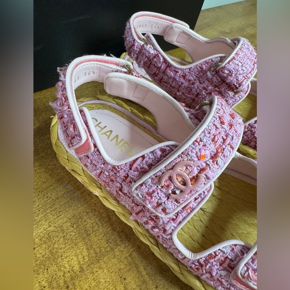 Authentic Chanel Pink Tweed Dad Sandals size 36.5 - Picture 7 of 16